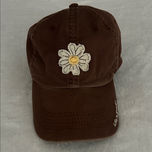 Life Is Good Hat Cap Strap Back Brown Embroidered Daisy Flower Womens Distressed - Picture 1 of 7